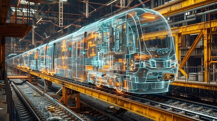 Obraz premium A digital rendering of an industrial train engine in the process of being made, with transparent holographic projections displaying its intricate mechanical components and networked wires.