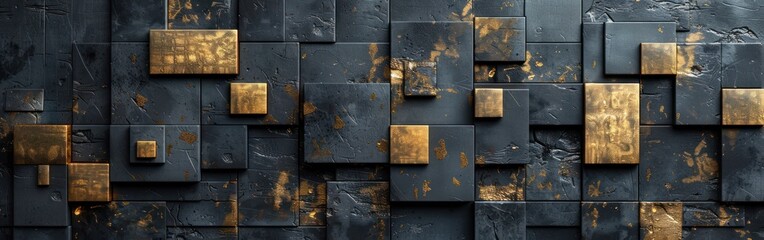 Luxurious Dark Geometric Gold and Black 3D Texture Wall Background with Squares and Rectangles - Panoramic Illustration