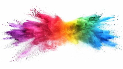 Obraz premium rainbow colored powder explosion on a white background, in a flat lay style.