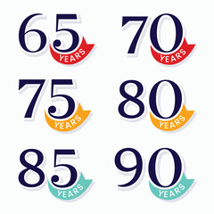 Set of Year anniversary logo design. 70 years anniversary banner. 65th, 70th, 75th, 80th, 85th, 90th years anniversary vector template. Congratulation label. Company Anniversary badge.