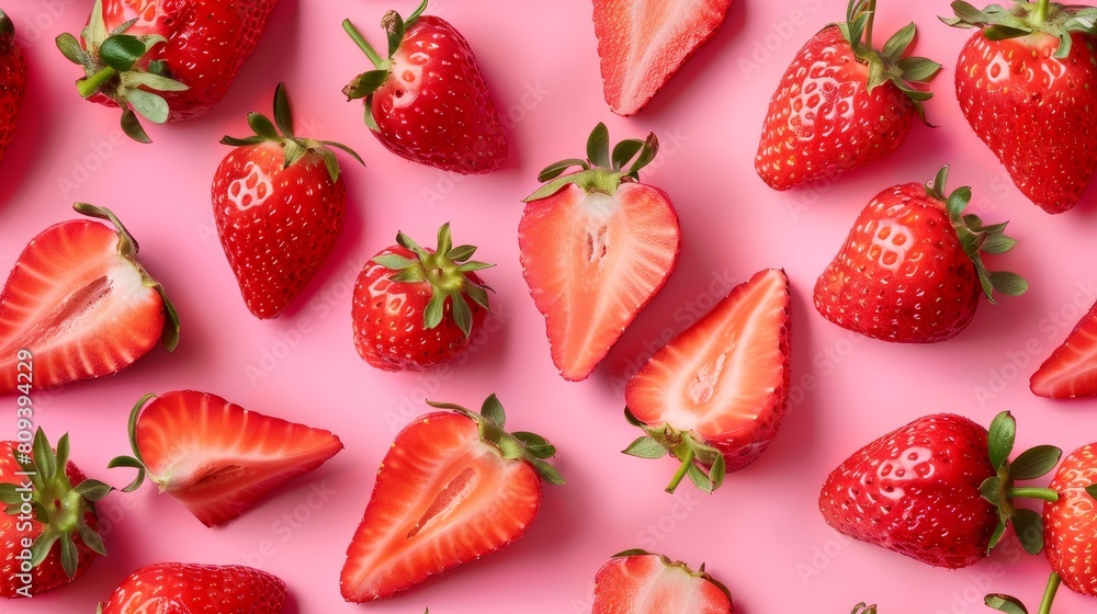 Wall mural Detailed close-up view of whole and sliced strawberries, forming an artistic pattern on a bright pastel pink isolated background