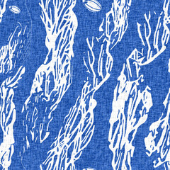 Whimsical seaweed kelp coastal electric blue beach pattern. Batik screen block print cloth effect. Playful tropical summervacation background. Modern scandi underwater plant seamless design.