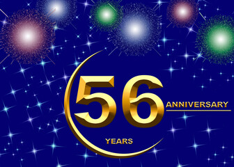 3d illustration, 56 anniversary. golden numbers on a festive background. poster or card for anniversary celebration, party