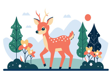 A cartoon deer surrounded by plants against a backdrop of mountains and sun