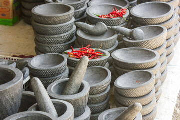 Display of Cobek or called Ulekan for selling to buyers. Traditional tool used by Indonesian people to grind spices and many others ingredients

