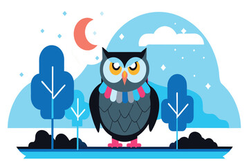 Stylized owl sits on a stump at night with moon and trees in the background