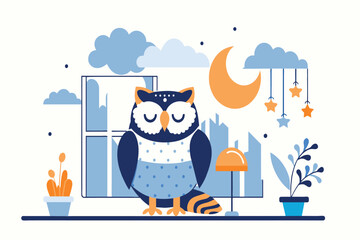An illustrated owl sits by a window with a crescent moon in the background