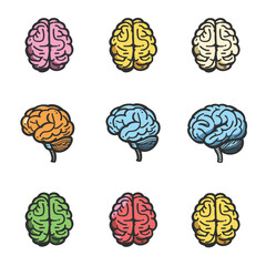 Nine colorful brain icons, different color schemes isolated white background. Set showcases human brains top side views, stylized simplified. Artistic representations brains suitable logo concept