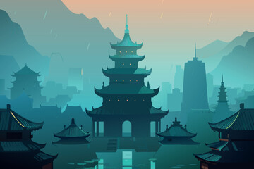 Dawn breaks over a traditional pagoda contrasting with a city skyline