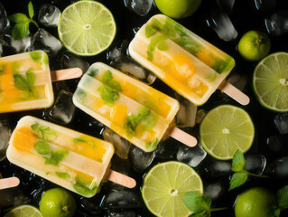 Vegetarian citrus ice cream on a stick on a dark background. Yellow popsicle with fresh lime and lemon slices, ice cubes and waterdrops. Summer homemade dessert. 