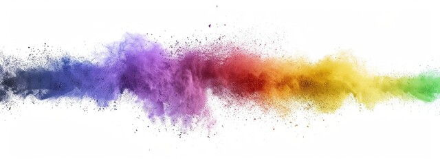 rainbow colored powder explosion on a white background, in a flat lay style.