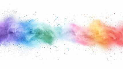 Obraz premium rainbow colored powder explosion on a white background, in a flat lay style.