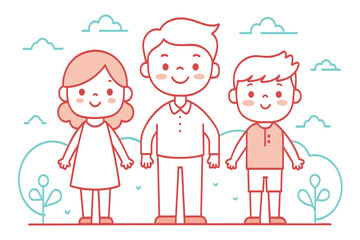 An animated depiction of a happy family with two kids and one adult