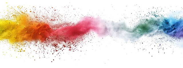 rainbow colored powder explosion on a white background, in a flat lay style.