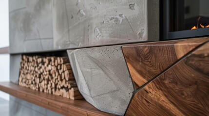 Close-up of a modern fireplace, unique and eye-catching design combining wood and concrete, sleek geometry for contemporary living