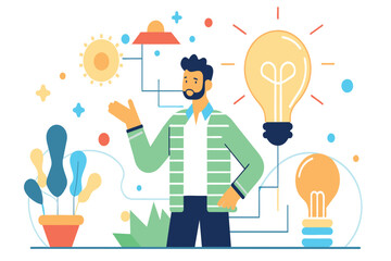 A man gesturing mid-thought, surrounded by symbols of creativity and innovation