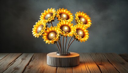 Bright and cheerful sunflower table light with LED centers, clustered on a rustic wooden stand to brighten up a room.