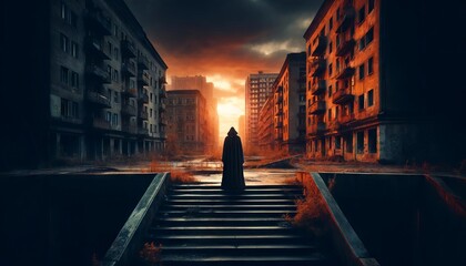 A mysterious figure stands atop a deserted, post-apocalyptic city staircase during dusk.