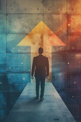 Businessman Walking Toward Bright Future, Represented by Upward Arrow on a Tech-Inspired Wall, Symbolizing Growth, Progress, and Aspiration in the Corporate World - AI generated