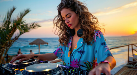 beautiful woman with wavy hair and goatee wearing blue Hawaiian shirt DJing at an open air...
