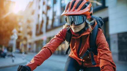 Naklejka premium Businesswoman go to work at office wearing helmet with bicycle on street around building on city. Bike commuting, Commute on bike, Business commuter concept.