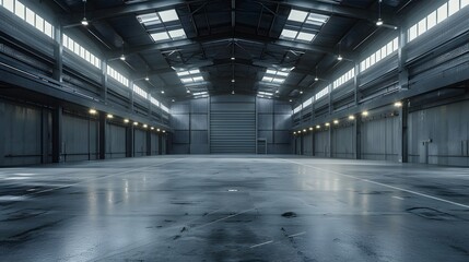 A large empty warehouse with gray walls and a white ceiling, illuminated by bright lights. The concrete floor has no furniture.