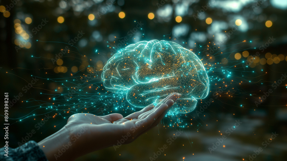 Poster a 3d rendered abstract sci-fi brain hovering over a man's palm - artificial intelligence.