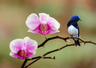 A bird rests next to flowering branches