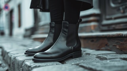 Only the person's legs were visible. One by wearing elegant black boots. Simple elegance Stand with poise and expectation. Revealing an atmosphere of confidence and readiness.