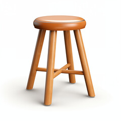 Simple wooden stool with round brown leather seat on white background