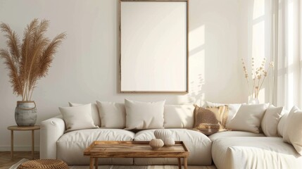 Frame mockup living room modern minimalism white scandinavian boho style