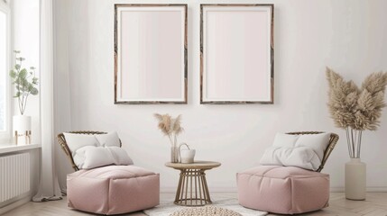Frame mockup living room modern minimalism white scandinavian boho style