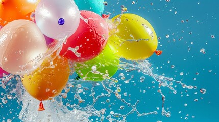 A child s water balloon bursting, with water splashing around in a burst of color and excitement