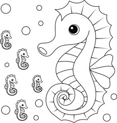 Cute kawaii seahorse and baby cartoon character coloring page vector illustration. Sea animal, mothers day colouring page for kids