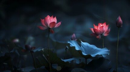 Against the dark backdrop, the lotus flowers stand out like ethereal beings, their vibrant colors contrasting with the shadowy surroundings. - Powered by Adobe