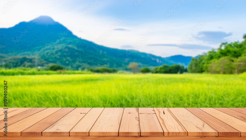Poster wooden table top on blur mountain and grass field. fresh and relax concept. for montage product disp