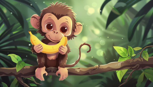 An illustration of a cute, cartoon monkey sitting on a tree branch holding a banana, with a lush green jungle background and a playful expression.