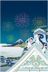 浮世絵　富嶽三十六景　東都浅草本願寺の夏祭りイメージイラスト2