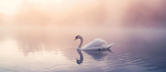 there is a white swan floating on a lake in the fog