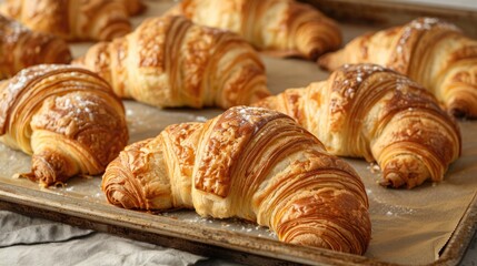 Freshly baked French croissants on a baking tray