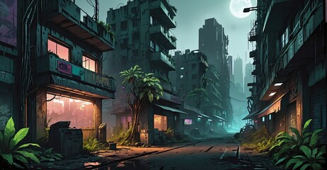Gothic cyberpunk sci-fi dystopian overgrowth city at night. Abandoned, aged, old overgrown town building exteriors. Wasteland slum dark cityscape.