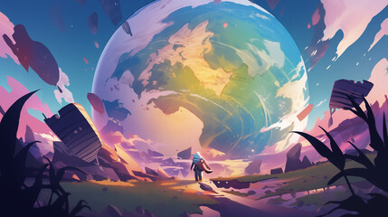 illustration of a man standing in front of a giant earth