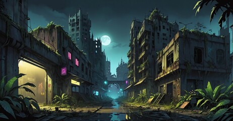 Obraz premium Gothic cyberpunk lo-fi dystopia city and castle. Street view of dark goth post apocalyptic overgrowth cityscape atmosphere with palace at night with fog and haze sky.