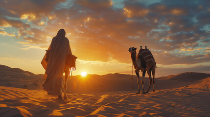 araffes walking in the desert at sunset with a man in a robe