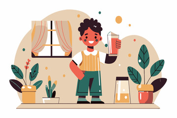 Cheerful kid holding a glass of juice indoors