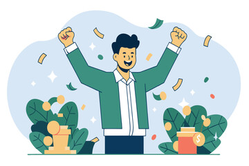 Man in suit exulting amidst falling confetti and money symbols