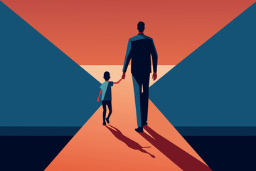 Silhouettes of a father and child holding hands during sunset