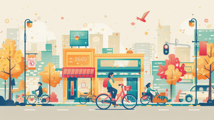 ​Sharing Economy Urban scene illustrating cyclists and pedestrians on a vibrant city street with shops, autumn trees, and a warm color palette, depicting eco-friendly transportation and everyday life.