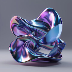 This digital rendering showcases an abstract, fluid shape with chrome and iridescent colors suspended in the air. It contrasts against a neutral grey background, creating a visually striking 