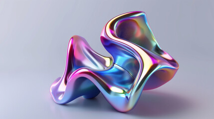 Obraz premium This digital rendering presents an abstract, fluid shape characterized by chrome and iridescent hues, delicately suspended in mid-air against a neutral grey background. 